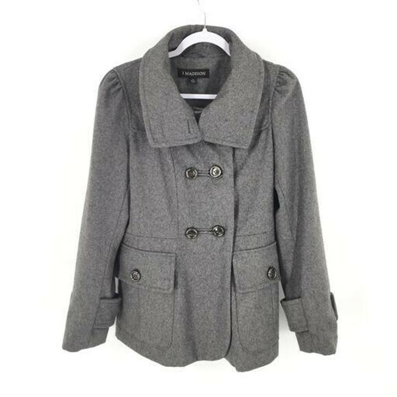 1 Madison Double Breasted Pea Coat Size Medium Womens Light Gray M Wool Blend - Picture 1 of 8